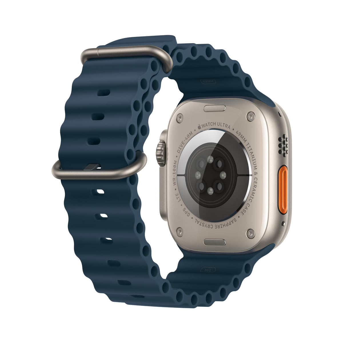 Apple Watch Ultra 2 49 mm Titane naturel – dos, trois-quarts