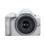 Canon EOS R50 avec objectif Blanc – vue de face avec objectif