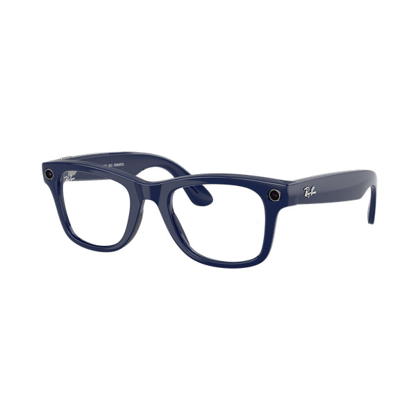 Ray-Ban Meta Wayfarer (Gen 2) Brillant Bleu cosmique – Incolore/Saphir Transitions® – vue trois-quarts