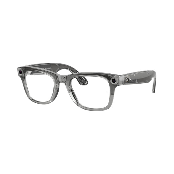 Ray-Ban Meta Wayfarer (Gen 2) Brillant Transparent Gris – Incolore/Saphir Transitions® – vue trois-quarts